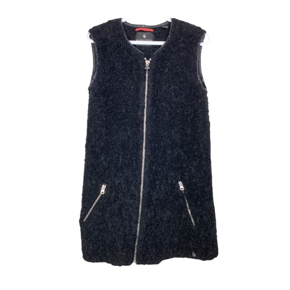 Maison Scotch Black Wool Faux Shearling Sleeveless Vest Leather Trim Full Zip S
